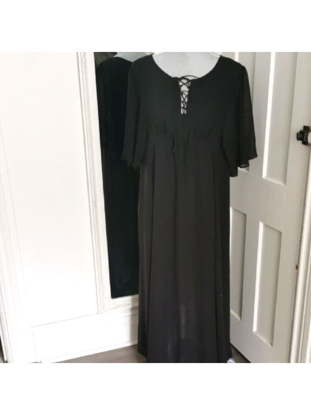 Highline Collection black whimsigoth maxi boho, sheer maxi dress, fully lined. M